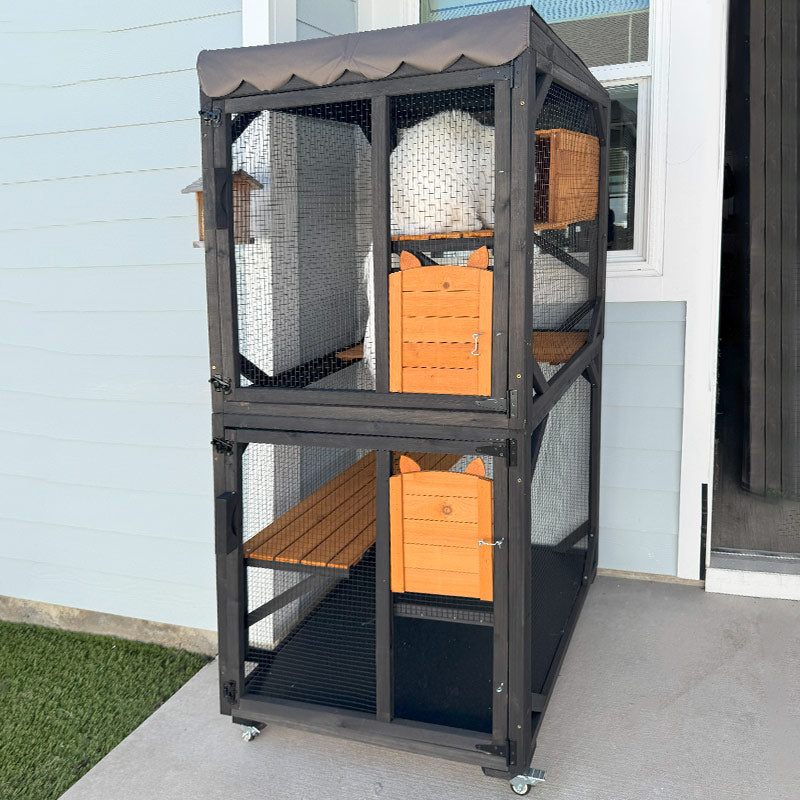 Aivituvin-AIR7014 Wooden Cat Catio with Wheels| Scratching Post|Roof Tarp