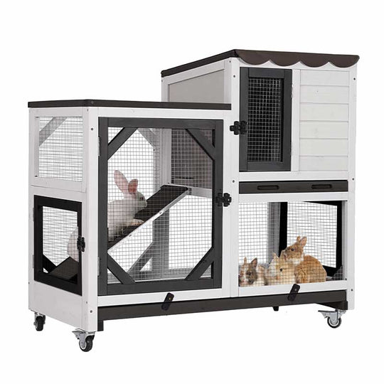 Aivituvin-AIR7013 Premium 2-Story Wooden Rabbit Hutch with Casters | Pull-Out Tray