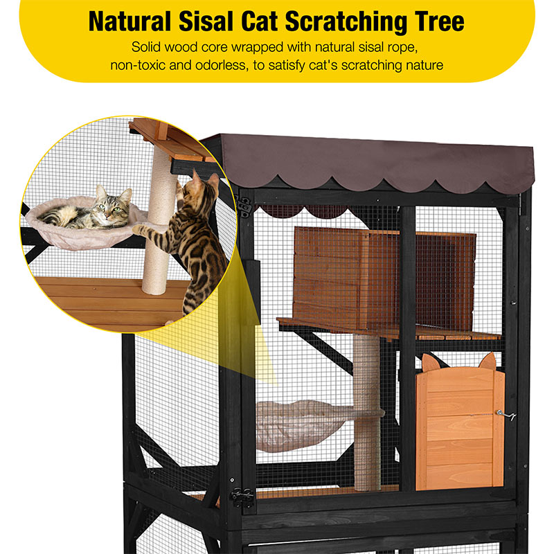 Cats Tarp Rip Wooden Cat Catio with Wheels, Scratching Post, Roof Tarp & Platforms ...