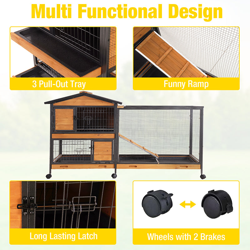 Aivituvin-AIR19-X Chew-Resistant Metal Frame Rabbit Hutch, Rabbit House with Wheels