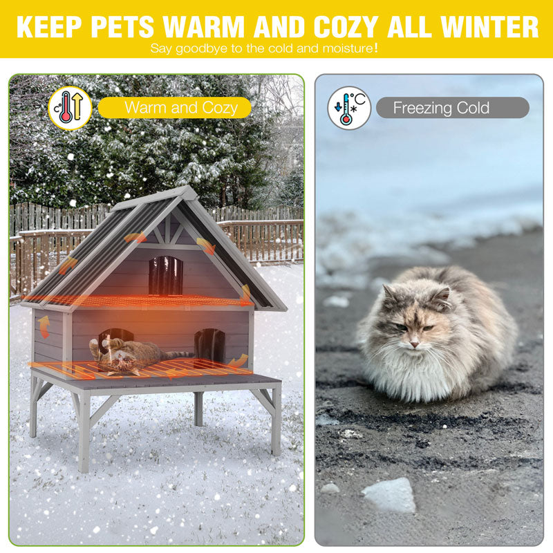 Aivituvin-AIR7034-IN-HP Heated Wooden Cat House with Insulation | Waterproof Roof