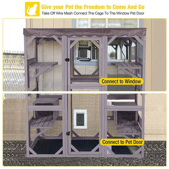 Aivituvin-AIR37-M 62.6"L Walk-in Large Cat Enclosure with Roof Tarp - Connects to Windows or Cat Doors
