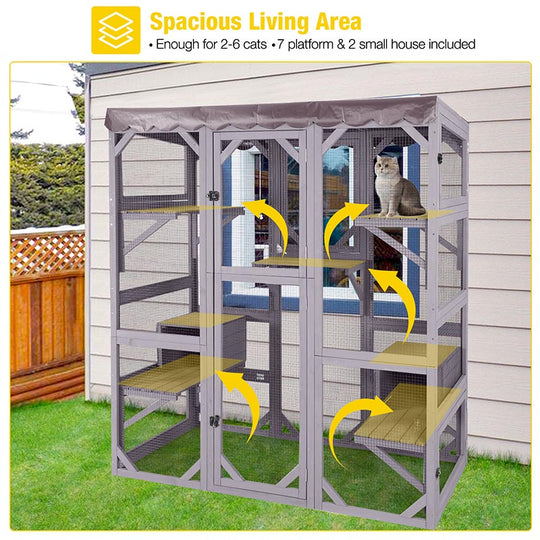 Aivituvin-AIR37-M 62.6"L Walk-in Large Cat Enclosure with Roof Tarp - Connects to Windows or Cat Doors