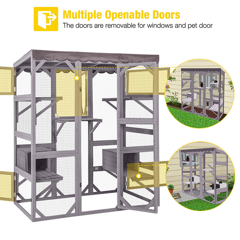 Aivituvin-AIR37-M 62.6"L Walk-in Large Cat Enclosure with Roof Tarp - Connects to Windows or Cat Doors