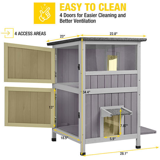 Aivituvin-AIR14-1 Two Tier Wooden Cat House with Waterproof Roof, Door Flaps