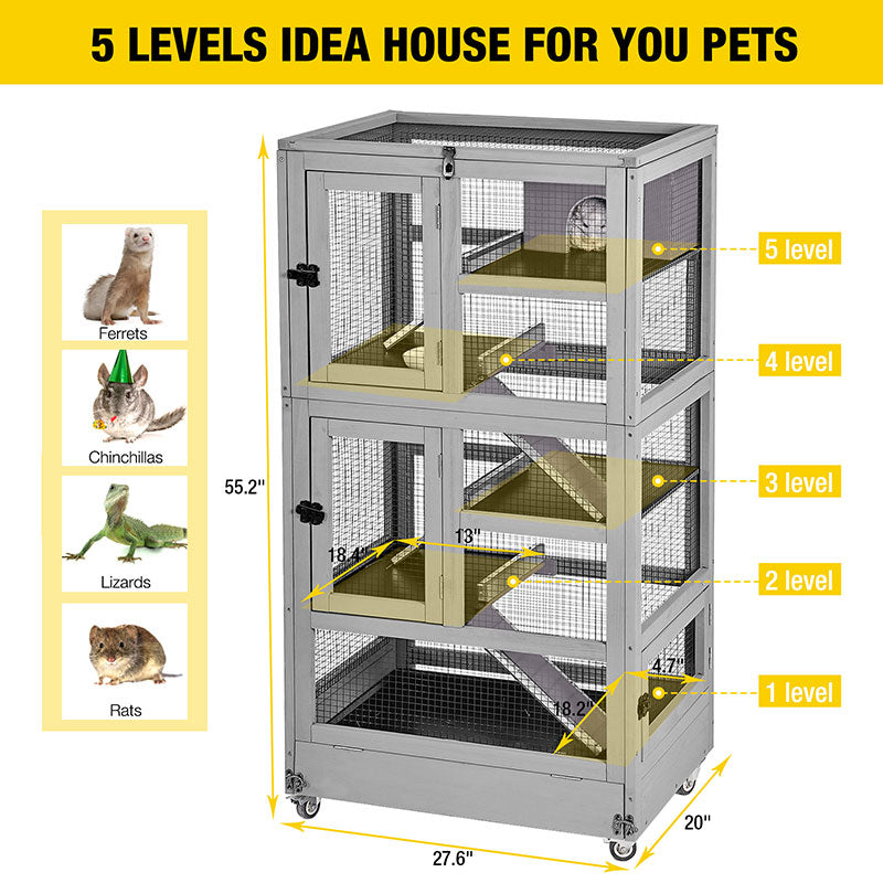 Aivituvin-AIR38-1 5 Levels Wooden Chinchilla Ferret Cage | Chew-Resistant Habitat