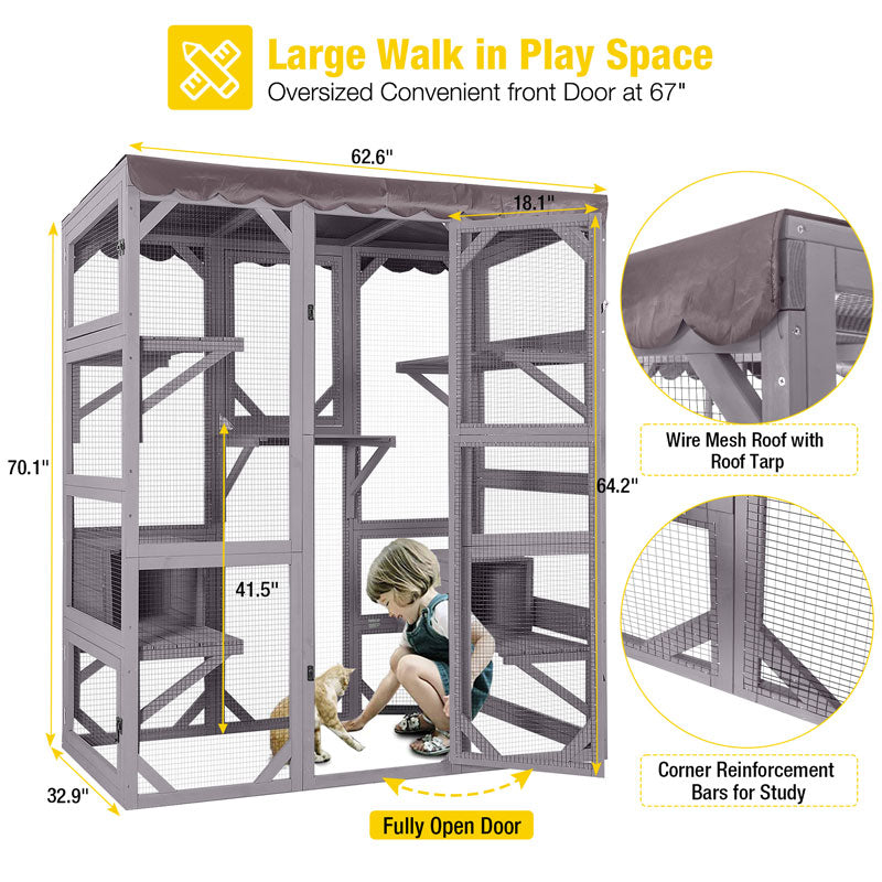Aivituvin-AIR37-M 62.6"L Walk-in Large Cat Enclosure with Roof Tarp - Connects to Windows or Cat Doors