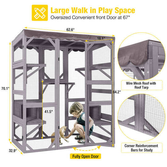 Aivituvin-AIR37-M 62.6"L Walk-in Large Cat Enclosure with Roof Tarp - Connects to Windows or Cat Doors