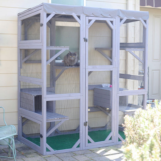 Aivituvin-AIR37-M 62.6"L Walk-in Large Cat Enclosure with Roof Tarp - Connects to Windows or Cat Doors