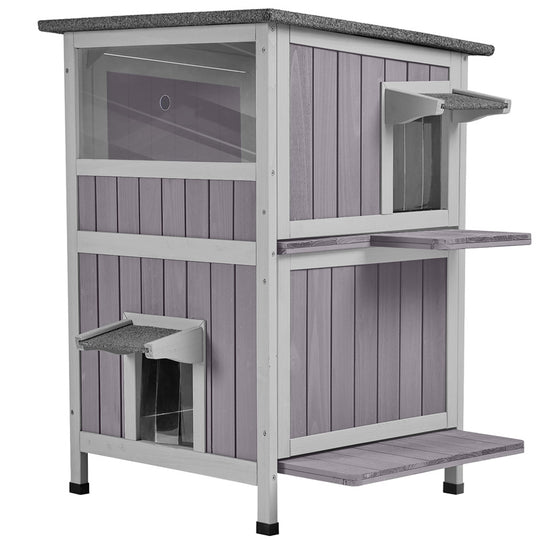 Aivituvin-AIR14-1 Two Tier Wooden Cat House with Waterproof Roof, Door Flaps