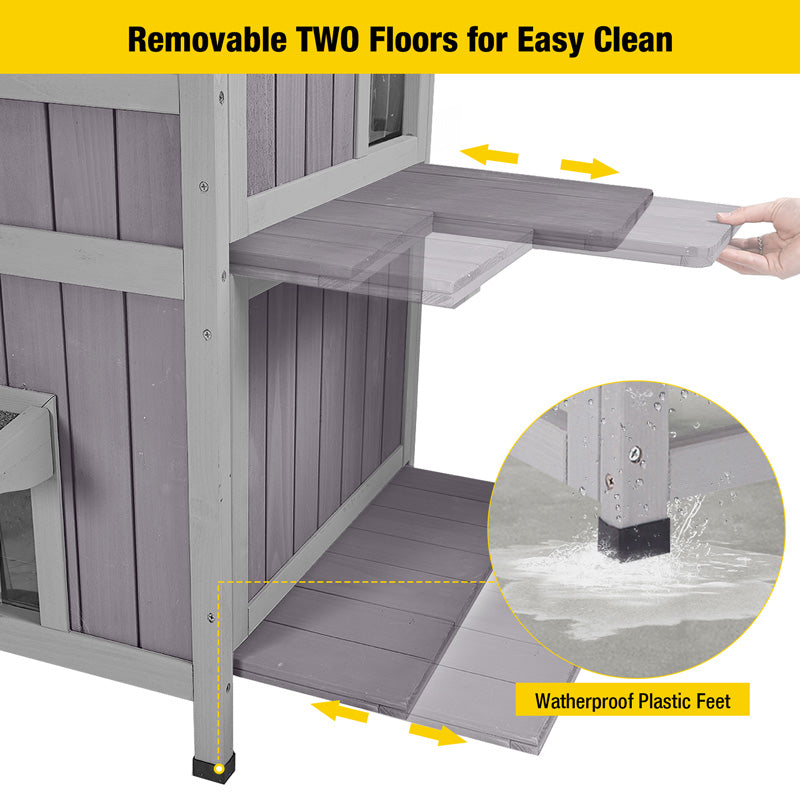 Aivituvin-AIR14-1 Two Tier Wooden Cat House with Waterproof Roof, Door Flaps