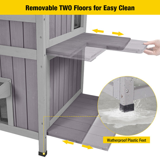 Aivituvin-AIR14-1 Two Tier Wooden Cat House with Waterproof Roof, Door Flaps