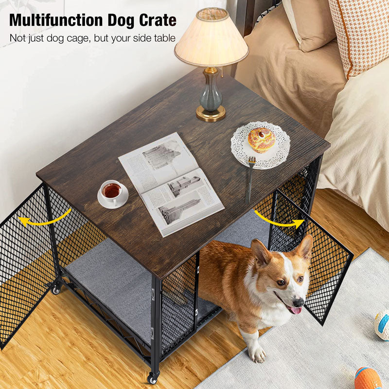 Aivituvin-AIR78 Dog Crate Furniture, Side End Table with Tray, Cushion and Casters
