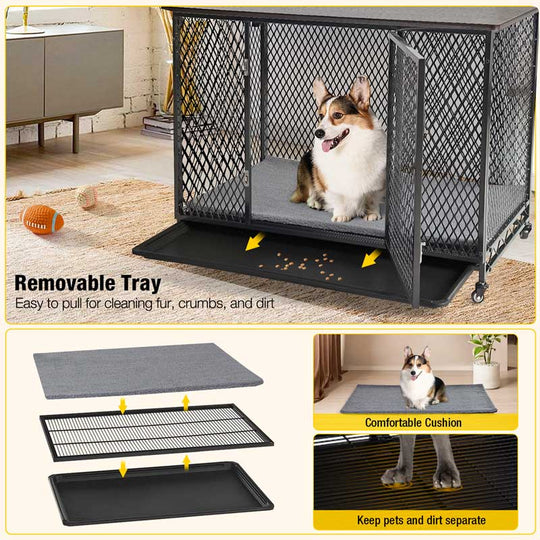 Aivituvin-AIR78 Dog Crate Furniture, Side End Table with Tray, Cushion and Casters